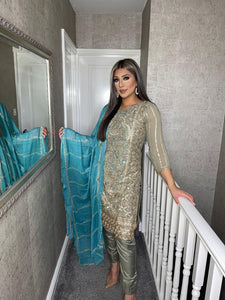 3PC GREY Embroidered Shalwar Kameez with Blue CHIFFON duppatta fully stitched 3 piece suit C-1216B