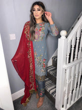 Load image into Gallery viewer, Grey Shalwar Kameez with red duppatta fully stitched 3 piece suit with Chiffon Dupatta
