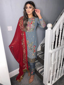 Grey Shalwar Kameez with red duppatta fully stitched 3 piece suit with Chiffon Dupatta