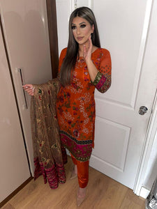 Orange Embroidered Shalwar Kameez with Black chiffon duppatta fully stitched 3 piece suit with Chiffon Dupatta MOB-C1143