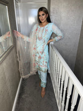 Load image into Gallery viewer, Baby Blue Embroidered Shalwar Kameez with chiffon duppatta fully stitched 3 piece suit with Chiffon Dupatta MOB-90020B
