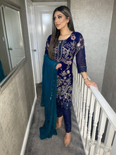 Load image into Gallery viewer, NAVY Embroidered Shalwar Kameez with chiffon duppatta fully stitched 3 piece suit with Teal Chiffon Dupatta MOB-D5178
