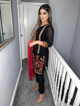 Load image into Gallery viewer, Black embroidered Shalwar Kameez with Red Chiffon duppatta fully stitched 3 piece suit MOB-BLACKRED
