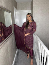 Load image into Gallery viewer, 3PC WINE Embroidered Shalwar Kameez with CHIFFON duppatta fully stitched 3 piece suit C-1531
