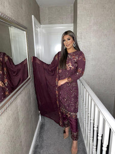 3PC WINE Embroidered Shalwar Kameez with CHIFFON duppatta fully stitched 3 piece suit C-1531