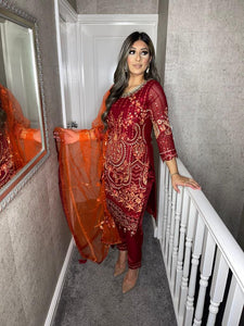 Maroon Embroidered Shalwar Kameez with NET ORANGE duppatta fully stitched 3 piece suit with Net Dupatta MOB-90023