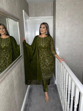 Load image into Gallery viewer, 3PC OLIVE Embroidered Shalwar Kameez with CHIFFON duppatta fully stitched 3 piece suit F-5233B
