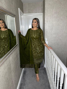 3PC OLIVE Embroidered Shalwar Kameez with CHIFFON duppatta fully stitched 3 piece suit F-5233B