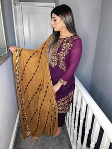 Purple Shalwar Kameez with Bronze Chiffon duppatta fully stitched 3 piece suit MOB-PURPLEBRONZE