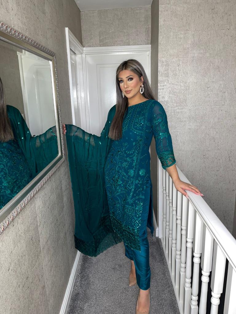 3PC TEAL GREEN Embroidered Shalwar Kameez with CHIFFON duppatta fully stitched 3 piece suit F-5233C