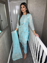 Load image into Gallery viewer, Baby Blue Shalwar Kameez fully stitched 3 piece suit with Chiffon Dupatta MOB-AA48
