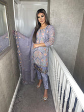 Load image into Gallery viewer, Grey Embroidered Shalwar Kameez with chiffon duppatta fully stitched 3 piece suit MOB-5157
