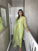 Load image into Gallery viewer, 3PC PISTACHIO GREEN Embroidered Shalwar Kameez with Net duppatta fully stitched 3 piece suit F-60028
