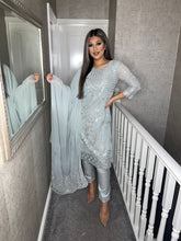 Load image into Gallery viewer, Grey Embroidered Shalwar Kameez with chiffon duppatta fully stitched 3 piece suit MOB-AA48E
