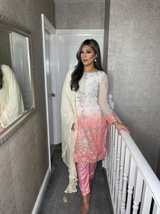 3PC WHITE PEACH PINK Embroidered Shalwar Kameez with CHIFFON duppatta fully stitched 3 piece suit F-60027