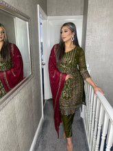 Load image into Gallery viewer, OLIVE Embroidered Shalwar Kameez with MAROON Chiffon duppatta fully stitched 3 piece suit MOB-1287B
