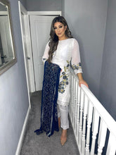 Load image into Gallery viewer, White Shalwar Kameez with fully stitched 3 piece suit with Navy Chiffon Dupatta
