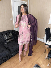 Load image into Gallery viewer, Pink Shalwar Kameez with Purple Chiffon duppatta fully stitched 3 piece suit
