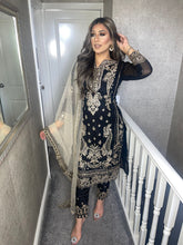 Load image into Gallery viewer, Black Embroidered Shalwar Kameez with Net duppatta fully stitched 3 piece suit with Net Dupatta MOB-5182C
