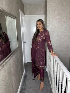 3PC WINE Embroidered Shalwar Kameez with CHIFFON duppatta fully stitched 3 piece suit C-1531