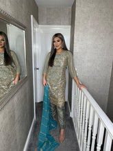 Load image into Gallery viewer, 3PC GREY Embroidered Shalwar Kameez with Blue CHIFFON duppatta fully stitched 3 piece suit C-1216B
