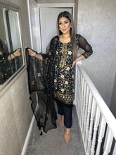 Load image into Gallery viewer, BLACK Embroidered Shalwar Kameez with chiffon duppatta fully stitched 3 piece suit with Net Dupatta MOB-C1166
