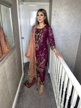 Load image into Gallery viewer, Purple Embroidered Shalwar Kameez with Peach NET duppatta fully stitched 3 piece suit with Chiffon Dupatta MOB-90022
