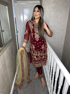 Maroon Embroidered Shalwar Kameez with chiffon duppatta fully stitched 3 piece suit with Net Dupatta MOB-5182D