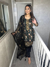 Load image into Gallery viewer, BLACK Embroidered Shalwar Kameez with chiffon duppatta fully stitched 3 piece suit with Net Dupatta MOB-C1166
