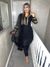 Load image into Gallery viewer, BLACK Embroidered Shalwar Kameez with Net duppatta fully stitched 3 piece suit with Chiffon MOB-1232
