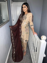 Load image into Gallery viewer, Beige Shalwar Kameez with Pecan Chiffon duppatta fully stitched 3 piece suit
