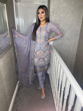 Load image into Gallery viewer, Grey Embroidered Shalwar Kameez with chiffon duppatta fully stitched 3 piece suit MOB-5157
