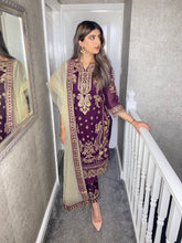 Load image into Gallery viewer, WINE Embroidered Shalwar Kameez with Net duppatta fully stitched 3 piece suit with Net Dupatta MOB-5182WINE
