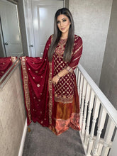 Load image into Gallery viewer, Shalwar Kameez Maroon lehenga and net dupatta fully stitched 3 piece suit MOB-39009
