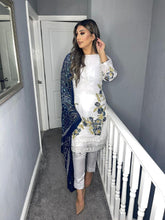 Load image into Gallery viewer, White Shalwar Kameez with fully stitched 3 piece suit with Navy Chiffon Dupatta
