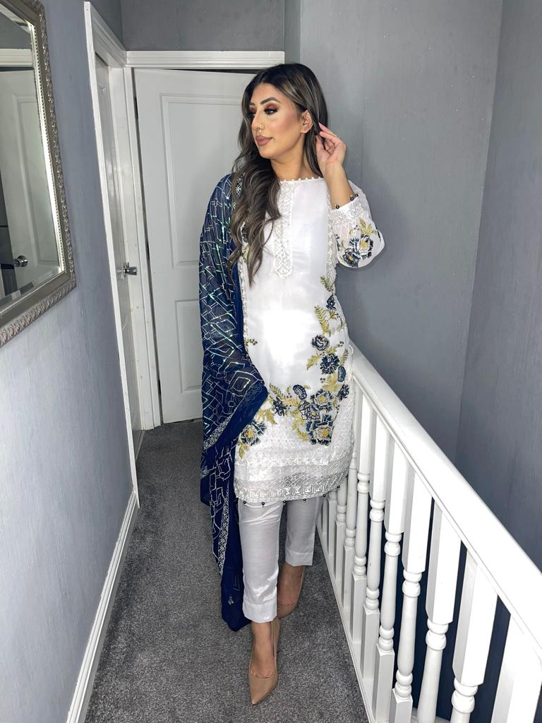 White Shalwar Kameez with fully stitched 3 piece suit with Navy Chiffon Dupatta