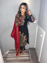 Load image into Gallery viewer, Black Shalwar Kameez with red duppatta fully stitched 3 piece suit with Chiffon Dupatta
