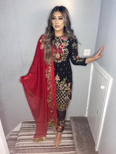 Load image into Gallery viewer, Black Shalwar Kameez with red duppatta fully stitched 3 piece suit with Chiffon Dupatta
