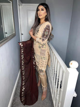 Load image into Gallery viewer, Beige Shalwar Kameez with Pecan Chiffon duppatta fully stitched 3 piece suit
