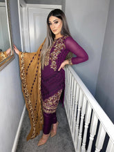 Load image into Gallery viewer, Purple Shalwar Kameez with Bronze Chiffon duppatta fully stitched 3 piece suit MOB-PURPLEBRONZE
