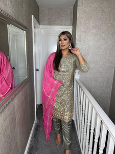 3PC GREY Embroidered Shalwar Kameez with PINK CHIFFON duppatta fully stitched 3 piece suit C-1216