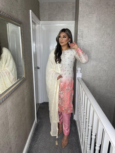 3PC WHITE PEACH PINK Embroidered Shalwar Kameez with CHIFFON duppatta fully stitched 3 piece suit F-60027