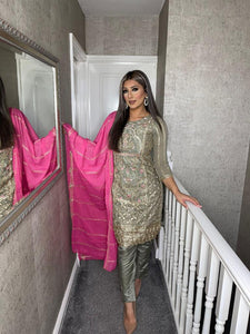 3PC GREY Embroidered Shalwar Kameez with PINK CHIFFON duppatta fully stitched 3 piece suit C-1216