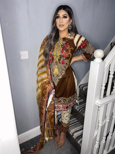 Brown lawn Shalwar Kameez with chiffon  dupatta 3piece ready to wear suit