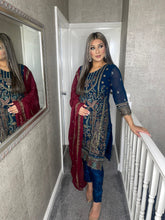 Load image into Gallery viewer, NAVY Embroidered Shalwar Kameez with Chiffon duppatta fully stitched 3 piece suit MOB-1287A
