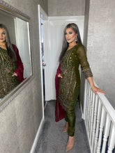 Load image into Gallery viewer, OLIVE Embroidered Shalwar Kameez with MAROON Chiffon duppatta fully stitched 3 piece suit MOB-1287B
