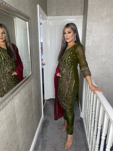 OLIVE Embroidered Shalwar Kameez with MAROON Chiffon duppatta fully stitched 3 piece suit MOB-1287B