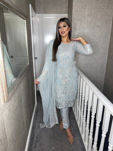 Grey Embroidered Shalwar Kameez with chiffon duppatta fully stitched 3 piece suit MOB-AA48E