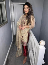 Load image into Gallery viewer, Gold with maroon trouser Shalwar Kameez fully stitched 3 piece suit with Maysoori Dupatta
