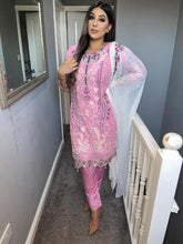 Load image into Gallery viewer, Pink Shalwar Kameez with Peach Chiffon duppatta fully stitched 3 piece suit
